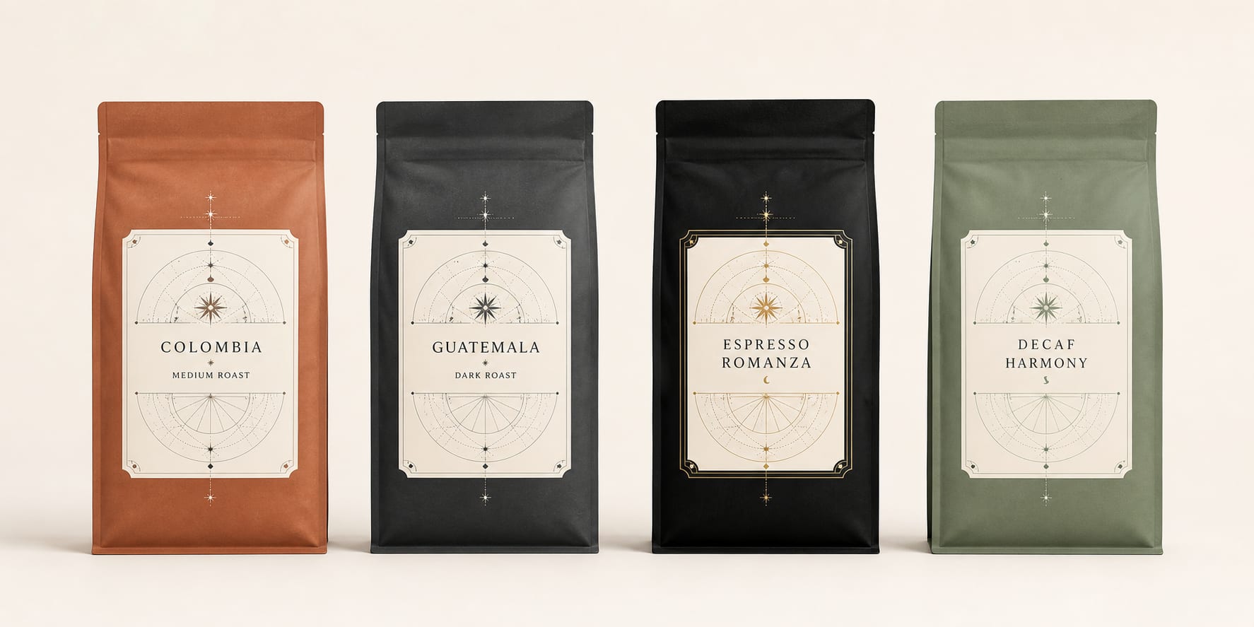 Four Astrolabe coffee blends in coordinated packaging