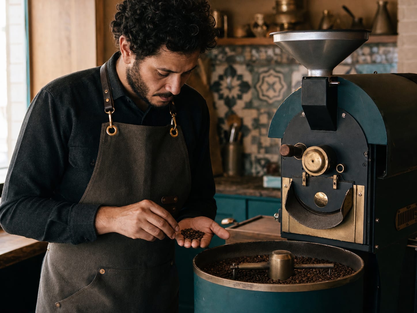 A coffee roaster inspecting freshly roasted beans